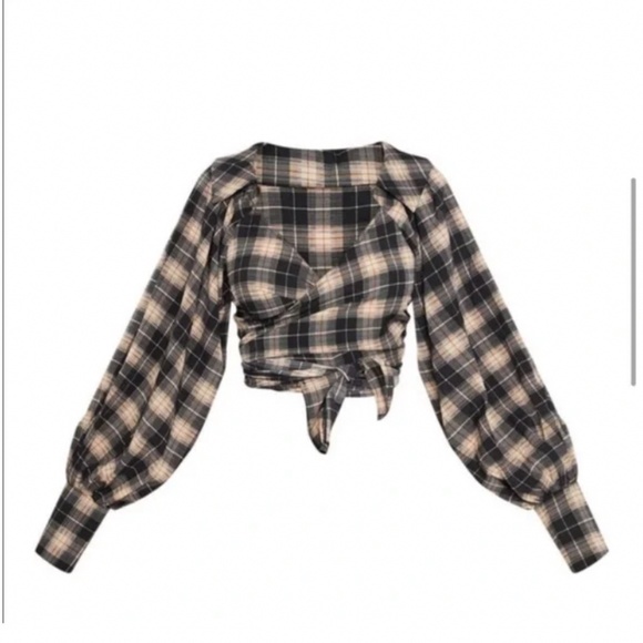 🪞 NEW tie front bubble sleeve plaid wrap top - Picture 2 of 4